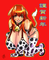 Rule 34 | 1girl, animal ears, animal print, bell, neck bell, breasts, brown hair, cleavage, collar, cow ears, cow girl, cow print, cow tail, elbow gloves, gloves, highres, horns, huge breasts, long hair, solo, tail, teruchan, thighhighs