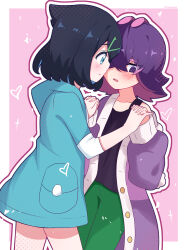 2girls @_@ absurdres black_hair black_shirt blush border buttons cardigan closed_mouth colored_inner_hair creatures_(company) dot_(pokemon) game_freak green_pants hair_ornament hairclip hands_up heart highres holding_hands hood hood_down hooded_jacket jacket liko_(pokemon) multicolored_hair multiple_girls nintendo open_cardigan open_clothes outside_border pants pink_background pokemon pokemon_(anime) pokemon_horizons purple_eyes purple_hair shirt sleeveless sleeveless_shirt toumei_4869 white_border yuri