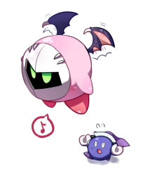 Rule 34 | bad id, bad pixiv id, cosplay, costume switch, flying, kirby, kirby (series), mask, unworn mask, meta knight, mie nabe, musical note, nintendo, no humans, quaver, simple background, speech bubble, spoken musical note, super smash bros., white background, wings