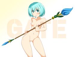 Rule 34 | 10s, 1girl, aqua eyes, aqua hair, blush, breasts, cleft of venus, copyright name, embarrassed, female focus, gate - jieitai ka no chi nite kaku tatakaeri, gradient background, highres, holding, holding staff, lelei la lalena, looking at viewer, mugen panda, navel, nipples, nude, open mouth, pussy, short hair, small breasts, solo, staff, standing, sweatdrop, uncensored, white background, yellow background