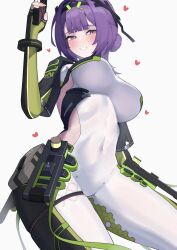 Rule 34 | 1girl, absurdres, bodysuit, breasts, covered navel, crane666, enya murphy, gun, hair bun, hairband, hand up, heart, hexagon print, highres, holding, holding gun, holding weapon, impossible bodysuit, impossible clothes, large breasts, looking at viewer, multicolored leotard, pouch, purple hair, smile, snowbreak: containment zone, thigh pouch, thigh strap, weapon, white background, white bodysuit