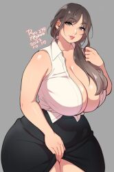 Rule 34 | 1girl, 2023, agawa ryou, artist name, black skirt, blush, breasts, brown hair, cleavage, closed mouth, clothes lift, collarbone, collared shirt, commentary, curvy, dated, english commentary, grey background, grey eyes, hair over shoulder, huge breasts, lips, long hair, looking at viewer, numbered, original, plump, shirt, signature, simple background, skirt, skirt lift, sleeveless, sleeveless shirt, solo, thick thighs, thighs, white shirt, wide hips