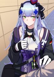 Rule 34 | 1girl, 3 small spiders, absurdres, bag, black ribbon, blue hair, blush, closed mouth, feet out of frame, german flag, girls&#039; frontline, gloves, green eyes, hair ornament, hair ribbon, hairclip, hand on own chest, hat, headset, highres, hk416 (girls&#039; frontline), hk416 (mod3) (girls&#039; frontline), long hair, looking at viewer, mini hat, official alternate costume, ribbon, solo, standing, tactical clothes, teardrop facial mark, teardrop tattoo, wall, white gloves