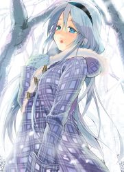 Rule 34 | 1girl, absurdres, black hairband, blue coat, blue eyes, breath, clannad, coat, commentary request, cowboy shot, hairband, highres, long hair, plaid, plaid coat, sakagami tomoyo, silver hair, solo, sumiyoshi yukiko, tomoyo after, winter clothes