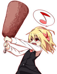 Rule 34 | 1girl, blonde hair, club (weapon), female focus, highres, holding, musical note, open mouth, outline, red eyes, rumia, shamo (koumakantv), simple background, solo, speech bubble, spoken musical note, touhou, weapon, white background