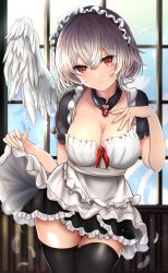 Rule 34 | 1girl, apron, black dress, black thighhighs, breasts, brooch, cleavage, collarbone, cowboy shot, dress, feathered wings, frilled apron, frills, hair between eyes, highres, houdukixx, indoors, jewelry, kishin sagume, large breasts, maid, maid apron, maid headdress, puffy short sleeves, puffy sleeves, red eyes, short dress, short hair, short sleeves, solo, thighhighs, thighs, touhou, waist apron, white apron, white wings, window, wings, zettai ryouiki