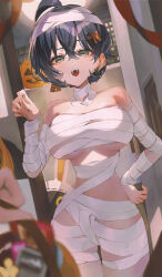 1girl 1other ahoge bandaged_arm bandaged_chest bandaged_head bandaged_neck bandaged_torso bandages bare_shoulders belle_(zenless_zone_zero) blue_hair blurry blurry_foreground breasts commentary_request cowboy_shot fang green_eyes hair_ornament halloween halloween_costume highres indol indoors large_breasts looking_at_viewer mummy_costume open_door open_mouth out_of_frame pumpkin short_hair solo_focus thighs underboob zenless_zone_zero