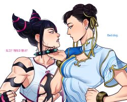 Rule 34 | 2girls, anger vein, black hair, blue dress, bracelet, breasts, capcom, chest cutout, china dress, chinese clothes, chun-li, clenched hand, collar, collar grab, collar tug, commentary, double bun, dress, earrings, efd, english commentary, english text, face-to-face, fingerless gloves, gloves, hair bun, hair horns, hair ribbon, han juri, hand on own hip, height difference, jewelry, korean text, looking at another, medium breasts, multiple girls, revealing clothes, ribbon, short hair, spiked bracelet, spiked collar, spikes, street fighter, street fighter 6, translated, vest, yuri