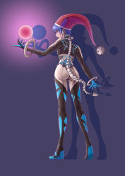 Rule 34 | 1girl, absurdres, alternate costume, ass, black bodysuit, blue background, blue hair, bodysuit, breasts, chongtian yixiao shualuanfei, collar, commentary request, doremy sweet, energy ball, eyelashes, floating, from behind, full body, glowing, hat, headphones, highres, hoop, mechanical tail, medium breasts, orb, parted lips, red eyes, red hat, science fiction, shadow, short hair, smile, smirk, solo, spine, standing, tail, touhou