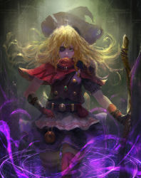 Rule 34 | 1girl, absurdres, adapted costume, apron, belt, blonde hair, capelet, eyepatch, gauntlets, gracehoo, green eyes, hat, highres, kirisame marisa, long hair, looking at viewer, magic circle, red eyes, shirt, skirt, solo, staff, thigh strap, touhou, waist apron, witch hat, yin yang