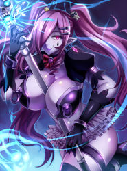 Rule 34 | 1girl, bow, bowtie, breasts, cleavage, curly hair, demon girl, elbow gloves, frills, gloves, hair ornament, hairclip, heart, high heels, huge breasts, lipstick, looking at viewer, magic, makeup, million arthur (series), nipple piercing, nipple rings, nishida megane, original, piercing, puffy short sleeves, puffy sleeves, purple eyes, purple hair, short sleeves, skull, smiley face, solo, staff, twintails