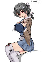 Rule 34 | 1girl, :d, apron, black hair, blue serafuku, blue skirt, breasts, crossed legs, feet out of frame, from side, hair between eyes, hair flaps, hair ornament, hairclip, head tilt, highres, jingei (kancolle), kantai collection, large breasts, long hair, looking at viewer, looking to the side, low ponytail, neckerchief, open mouth, pleated skirt, sailor collar, school uniform, serafuku, shawl, skirt, smile, solo, thighhighs, twitter username, white apron, white neckerchief, white thighhighs, yamano rita, zettai ryouiki