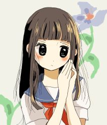 Rule 34 | 1girl, black sclera, blue sailor collar, blunt bangs, blush, brown hair, colored sclera, commentary request, dot nose, floral background, flower, hands up, long hair, looking to the side, manmi, neckerchief, original, own hands together, red neckerchief, sailor collar, school uniform, serafuku, shirt, short sleeves, simple background, solo, white background, white shirt