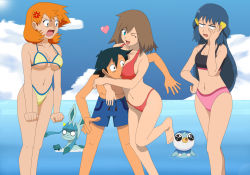 Rule 34 | 1boy, 3girls, alternate hairstyle, anger vein, angry, annoyed, ash ketchum, between breasts, bikini, black hair, blue eyes, blue hair, blue sky, breast smother, breasts, brown hair, child, cloud, creatures (company), dawn (pokemon), day, face between breasts, game freak, gen 4 pokemon, girl sandwich, glaceon, head between breasts, heart, hug, james donaldson, jitome, large breasts, long hair, may (pokemon), medium breasts, misty (pokemon), multiple girls, navel, nintendo, ocean, one eye closed, open mouth, orange hair, outdoors, partially submerged, piplup, pokemon, pokemon (anime), pokemon (creature), sandwiched, shaded face, short hair, sky, small breasts, standing, strap gap, swimsuit, underboob, water, wink