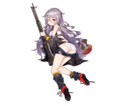 Rule 34 | 1girl, ass, breasts, clothes pull, full body, girls&#039; frontline, gun, helmet, light purple hair, long hair, looking back, m60 (girls&#039; frontline), mika pikazo, official art, panties, short shorts, shorts, shorts pull, simple background, solo, thigh strap, torn clothes, underwear, unworn headwear, unworn helmet, weapon, white background, wince