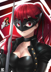 Rule 34 | 1girl, black jacket, black leotard, black ribbon, breasts, cleavage, collar, collarbone, copyright name, gloves, grin, hair ribbon, highres, holding, holding sword, holding weapon, jacket, layered sleeves, leotard, long hair, long sleeves, looking at viewer, mask, matching hair/eyes, medium breasts, naobhal, open clothes, open jacket, persona 5 the royal, ponytail, red eyes, red gloves, red hair, ribbon, smile, solo, sword, upper body, weapon, yoshizawa kasumi