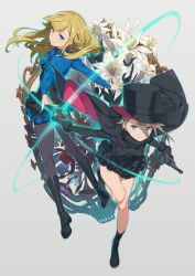 Rule 34 | 2girls, ange (princess principal), black legwear, blonde hair, blue eyes, boots, breasts, bright pupils, closed mouth, commentary request, cross-laced footwear, daffodil, finger on trigger, flower, frilled skirt, frills, full body, gradient background, grey hair, gun, hair between eyes, handgun, hat, highres, kamo kamen, lily (flower), long hair, looking at viewer, looking back, multiple girls, outstretched arms, pantyhose, princess (princess principal), princess principal, short hair, simple background, skirt, small breasts, smile, standing, standing on one leg, top hat, weapon, white pupils
