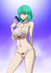 Rule 34 | 1girl, bra, breasts, female focus, green hair, highres, large breasts, licking lips, nel-zel formula, aged up, one piece, panties, solo, standing, sugar (one piece), tongue, tongue out, underwear