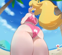 Rule 34 | 1girl, artist name, ass, ass focus, back, bare shoulders, beach, bikini, bird, blonde hair, blue eyes, blue sky, brown footwear, closed mouth, cloud, crown, crown print, earrings, eyelashes, from behind, from below, high ponytail, highres, hill, horizon, jewelry, legs together, lips, long hair, looking at viewer, looking down, mario (series), nintendo, no pupils, nose, o o, ocean, outdoors, palm tree, pink bikini, pink lips, polka dot, ponytail, princess peach, seagull, shadow, shoulder blades, sky, solo focus, somescrub, super mario bros. 1, swimsuit, thick lips, thick thighs, thighs, toad (mario), topless, tree, twitter logo, twitter username, white bikini