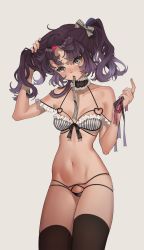 Rule 34 | 1girl, arutera, bad id, bad pixiv id, black hair, black thighhighs, bra, breasts, cleavage, freckles, green eyes, groin, highres, lingerie, mouth hold, navel, original, panties, ribbon, ribbon in mouth, simple background, small breasts, solo, thighhighs, thong, twintails, underwear, underwear only