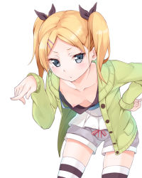 Rule 34 | 10s, 1girl, blonde hair, blush, breasts, clueless, downblouse, extended downblouse, ginopi, hair ornament, hair ribbon, hairclip, highres, leaning forward, looking at viewer, mole, mole under eye, nipples, no bra, ribbon, shirobako, short hair, short twintails, simple background, small breasts, solo, striped clothes, striped thighhighs, thighhighs, twintails, white background, yano erika, zettai ryouiki