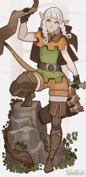 Rule 34 | 1girl, arrow (projectile), belt, boots, bow, braid, braided pigtails, brown eyes, cloak, dragon&#039;s crown, elf, elf (dragon&#039;s crown), gloves, highres, hood, looking at viewer, pointy ears, quiver, short shorts, shorts, solo, splashbrush, tagme, thick thighs, thigh boots, thighs, weapon