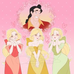 Rule 34 | 1boy, 3girls, apron, bare shoulders, beauty and the beast, bimbettes, black hair, blonde hair, blush, bow, breasts, closed eyes, corset, disney, dress, gaston, green bow, green dress, green eyes, hair bow, hands on own cheeks, hands on own face, heart, hetero, highres, large breasts, multiple girls, muscular, muscular male, off shoulder, okitafuji, overskirt, pink background, pink lips, red bow, red dress, skirt, smile, triplets, waist apron, yellow bow, yellow dress