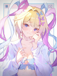 Rule 34 | 1girl, absurdres, blonde hair, blue bra, blue eyes, blue hair, blush, bow, bra, breasts, chouzetsusaikawa tenshi-chan, closed mouth, cloudyman, commentary, english commentary, hair bow, hands up, highres, long hair, long sleeves, looking at viewer, multicolored hair, needy girl overdose, open clothes, open shirt, pink hair, playing with own hair, quad tails, shirt, small breasts, solo, sweat, underwear, upper body, white shirt