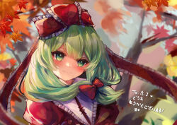 Rule 34 | 1girl, absurdres, autumn leaves, blush, bow, closed mouth, commission, dress, frilled ribbon, frills, front ponytail, green eyes, green hair, hair bow, hair ribbon, highres, kagiyama hina, leaf, long hair, maple leaf, pixiv commission, portrait, red bow, red dress, red ribbon, ribbon, sidaren, smile, solo, touhou