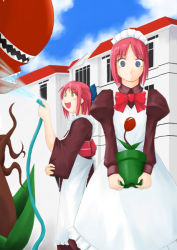 Rule 34 | 00s, 2girls, apron, audrey ii, crossover, flower pot, hisui (tsukihime), hose, kohaku (tsukihime), little shop of horrors, maid, maid apron, multiple girls, plant, red hair, short hair, siblings, sisters, tsukihime, twins, water