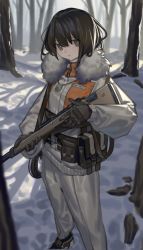 Rule 34 | 1girl, bare tree, black gloves, brown eyes, brown footwear, brown hair, coat, foot out of frame, forest, fur-trimmed coat, fur trim, gloves, gun, highres, holding, holding gun, holding weapon, hunting, lanzi (415460661), looking at viewer, medium hair, nature, original, pants, pouch, rifle, snow, solo, tree, weapon, white coat, white pants, winter, winter clothes, winter coat