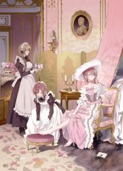 3girls, ahoge, alstroemeria (idolmaster), alternate costume, apron, bangs, barefoot, black dress, blush, braid, brown eyes, brown hair, candelabra, candle, chair, closed mouth, cup, dress, enmaided, envelope, eyes closed, feet, french braid, frilled apron, frilled dress, frills, glasses, hair over shoulder, hands on feet, hat, high heels, highres, holding, holding letter, holding tray, idolmaster, idolmaster shiny colors, indoors, kisumipri, kuwayama chiyuki, letter, long hair, long sleeves, maid, maid apron, maid headdress, multiple girls, nail polish, osaki amana, osaki tenka, painting nails, paper, pedicure, pink dress, puffy sleeves, shoes, siblings, single shoe, sisters, sitting, standing, swept bangs, table, tray, twin braids, twins, victorian maid, white apron, wrist cuffs
