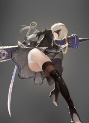 Rule 34 | 1girl, absurdres, android, ass, black dress, black thighhighs, blindfold, boots, breasts, dress, eis, from below, gloves, hairband, high heel boots, high heels, highres, nier (series), nier:automata, panties, short hair, solo, sword, thigh boots, thighhighs, underwear, upskirt, weapon, white hair, white panties, 2b (nier:automata)