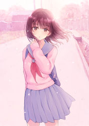 Rule 34 | 1girl, backpack, bag, blue sailor collar, blue skirt, blush, breasts, brown eyes, brown hair, commentary request, cowboy shot, day, floating hair, hand up, highres, long hair, long sleeves, looking at viewer, nagidango, neckerchief, original, outdoors, parted lips, petals, pink sweater, pleated skirt, red neckerchief, sailor collar, school uniform, serafuku, skirt, sleeves past wrists, small breasts, solo, standing, sweater