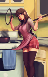 Rule 34 | 1girl, absurdres, apron, breasts, brown eyes, brown hair, character request, cooking, copyright request, feet out of frame, from side, highres, holding, holding spoon, lid, long hair, oven, parted lips, pink apron, plaid, plaid skirt, pot, raichiyo33, red skirt, skirt, smoke, solo, spoon, standing, thighhighs, zettai ryouiki