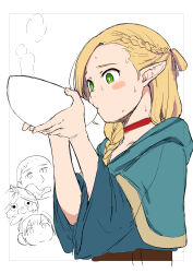 Rule 34 | 1girl, 3boys, blonde hair, blush, border, bowl, braid, choker, commentary request, dungeon meshi, green eyes, highres, holding, holding bowl, hood, kuboshun, lifting object, long sleeves, looking at another, looking down, marcille donato, multiple boys, nervous, parted bangs, pointy ears, red choker, simple background, sketch, staring, steam, sweat, tasting, upper body, white background
