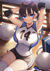 Rule 34 | 1girl, armpits, arms behind head, arms up, ball, black shorts, blue eyes, blush, breasts, brown hair, closed mouth, commentary request, double vertical stripe, elbow pads, gym uniform, indoors, jersey, large breasts, legs together, long hair, looking at viewer, melonbooks, number print, original, parted bangs, shirt, shoes, short shorts, shorts, side ponytail, sidelocks, sitting, sleeveless, sleeveless shirt, solo, sportswear, sunlight, sweat, sweatdrop, thick thighs, thighhighs, thighs, uniform, v-shaped eyebrows, volleyball, volleyball (object), volleyball uniform, wet, white thighhighs, wooden floor, xe (execut3r)
