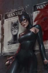 Rule 34 | 1girl, armpits, batman (series), blue eyes, bodysuit, breasts, catsuit, catwoman, dc comics, domino mask, gloves, highres, jee-hyung lee, lips, looking at viewer, mask, open mouth, paint can, selina kyle, small breasts, solo, spray paint, teeth, upper teeth only, wanted
