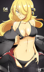 Rule 34 | 1girl, alternate color, arm at side, bikini, black background, blonde hair, breasts, breasts apart, character name, cleavage, coat, collarbone, cowboy shot, creatures (company), cynthia (pokemon), game freak, grin, hair ornament, hair over one eye, hip focus, long hair, looking at viewer, medium breasts, naughty face, navel, nintendo, open clothes, pants, parted lips, pokemon, pokemon dppt, shiny skin, simple background, smile, solo, stomach, swimsuit, text focus, undressing, vivivoovoo, yellow eyes