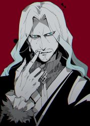 Rule 34 | 1boy, blue eyes, facial hair, fate/apocrypha, fate (series), koshiro itsuki, long hair, male focus, mustache, red background, solo, tooth, vampire, vlad iii (fate/apocrypha)
