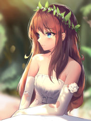 Rule 34 | 1girl, bad id, bad pixiv id, bare shoulders, belt, belt buckle, blue eyes, blurry, blurry background, blush, brown hair, buckle, closed mouth, commentary, dduck kong, depth of field, dress, elbow gloves, elbow rest, english commentary, flower, flower wreath, gloves, hair between eyes, head wreath, highres, light smile, long hair, looking away, looking to the side, original, rose, solo, strapless, strapless dress, table, torn clothes, torn gloves, very long hair, white belt, white dress, white flower, white gloves, white rose