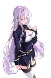 Rule 34 | 1girl, 86 -eightysix-, a (sofi3103), absurdres, artist name, belt, breasts, cleavage, closed mouth, commentary, hair between eyes, hand up, highres, long hair, long sleeves, looking at viewer, medium breasts, military uniform, purple eyes, purple hair, simple background, solo, thighhighs, thighs, uniform, very long hair, vladilena millize, white background, white belt, white thighhighs, zettai ryouiki