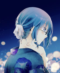 Rule 34 | 1girl, alternate costume, alternate hairstyle, back, black-framed eyewear, blue eyes, blue hair, blue kimono, blush, ciel (tsukihime), closed mouth, commentary request, fingernails, floral print, from side, glasses, hair ribbon, hand in own hair, japanese clothes, kimono, light particles, looking away, night, ribbon, short hair, smile, solo, tsukihime, tsukihime (remake), twitter username, upper body, uyuki (ouun), yukata
