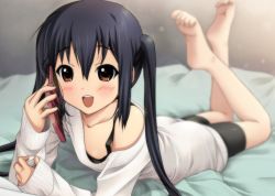 Rule 34 | 1girl, :d, barefoot, bike shorts, black hair, blurry, blush, brown eyes, cellphone, depth of field, dress, feet, highres, k-on!, legs up, long hair, looking at viewer, lying, nakano azusa, off shoulder, on stomach, open mouth, phone, round teeth, ryunnu, sleeves past wrists, smile, soles, solo, sweater, sweater dress, teeth, the pose, toes, twintails