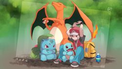 Rule 34 | 1boy, arms up, backpack, bag, baseball cap, charizard, closed mouth, commentary request, creatures (company), dated, fire, flame-tipped tail, game freak, gen 1 pokemon, hat, highres, ivysaur, jacket, male focus, nintendo, pants, poke ball symbol, pokemon, pokemon (creature), pokemon frlg, red (pokemon), red headwear, shoes, short sleeves, sitting, smile, squirtle, three guo, vs seeker, wristband, yellow bag