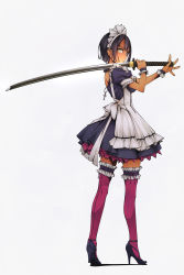 Rule 34 | 1girl, apron, backless dress, backless outfit, black dress, black footwear, black hair, brown eyes, commentary request, dress, frilled apron, frilled thighhighs, frills, full body, glowing, glowing eyes, grey background, hands up, high heels, highres, holding, holding sword, holding weapon, katana, maid, maid apron, maid headdress, murakami suigun, original, pink thighhighs, pleated dress, shadow, shoe soles, shoes, short dress, short hair, solo, standing, sword, thighhighs, weapon, white apron, wrist cuffs, zettai ryouiki