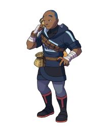 Rule 34 | 1boy, absurdres, bag, belt, black footwear, black undershirt, boots, bracelet, brown belt, closed mouth, covered collarbone, creatures (company), dark-skinned male, dark skin, game freak, grey pants, hand on own hip, hand up, highres, iscan (pokemon), jewelry, male focus, nintendo, official art, pants, pokemon, pokemon legends: arceus, pouch, short hair, sideways glance, sleeves rolled up, smile, solo, transparent background, undershirt, very short hair, wrist wrap
