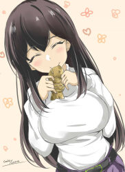 Rule 34 | 1girl, akagi (kancolle), alternate costume, belt, black hair, breasts, closed eyes, eating, food, gakky, grey pants, kantai collection, large breasts, long hair, one-hour drawing challenge, pants, smile, solo, straight hair, sweater, taiyaki, upper body, wagashi, white sweater