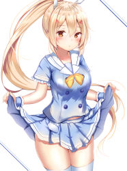 Rule 34 | 1girl, :o, anchor print, ayanami (azur lane), ayanami (grade a sailor uniform) (azur lane), azur lane, blonde hair, blue shirt, blue skirt, blush, bow, bowtie, breasts, buttons, clothes lift, collarbone, cowboy shot, double-breasted, floating hair, frilled cuffs, frilled sleeves, frills, hair between eyes, hair ornament, headgear, highres, lifting own clothes, long hair, looking at viewer, medium breasts, miniskirt, orange eyes, parted lips, pleated skirt, ponytail, sailor collar, school uniform, serafuku, shirt, short sleeves, sidelocks, simple background, skirt, skirt lift, solo, standing, thighhighs, very long hair, white background, white sailor collar, white thighhighs, wrist cuffs, yellow bow, yellow bowtie, yuano, zettai ryouiki