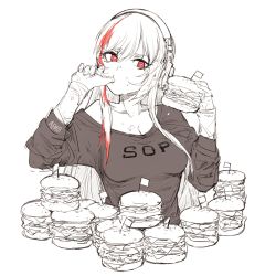 Rule 34 | 1girl, alma01, breasts, burger, cleavage, commentary, english commentary, engrish commentary, food, food on face, girls&#039; frontline, greyscale, headphones, heart, heart-shaped pupils, highres, licking, licking finger, long hair, long sleeves, loose clothes, loose shirt, m4 sopmod ii (girls&#039; frontline), medium breasts, mini flag, monochrome, multicolored hair, off shoulder, red eyes, shirt, sidelocks, simple background, solo, spot color, streaked hair, symbol-shaped pupils, upper body, white background